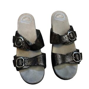Dansko Sophie Sandals Black Metallic Print Leather Double Strap